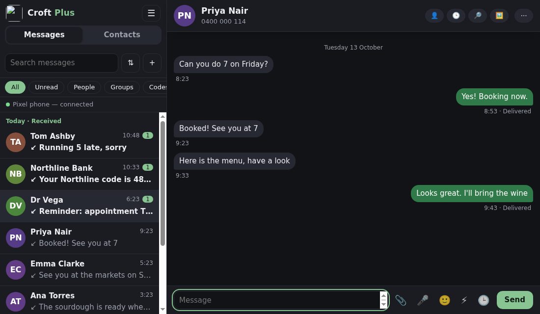 The Croft Plus computer window showing the conversation list and a message thread synced from the phone