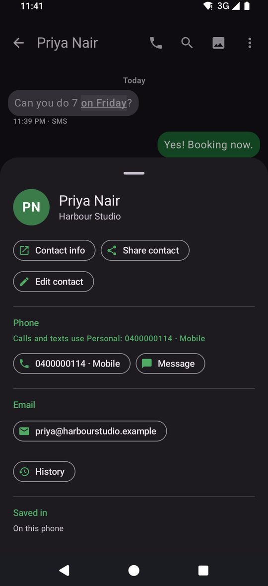 Croft contact card in dark mode with call, message and history buttons