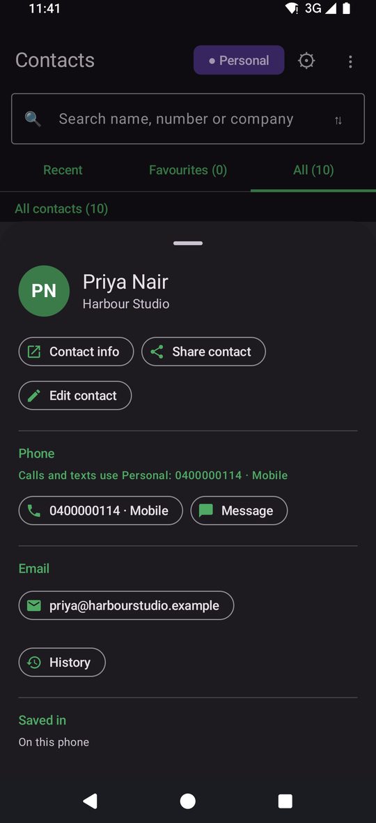 Croft contact pop-up in dark mode with call, message, email and history actions