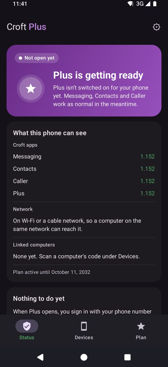 Croft Plus connection screen in dark mode showing connection state and what the phone can see