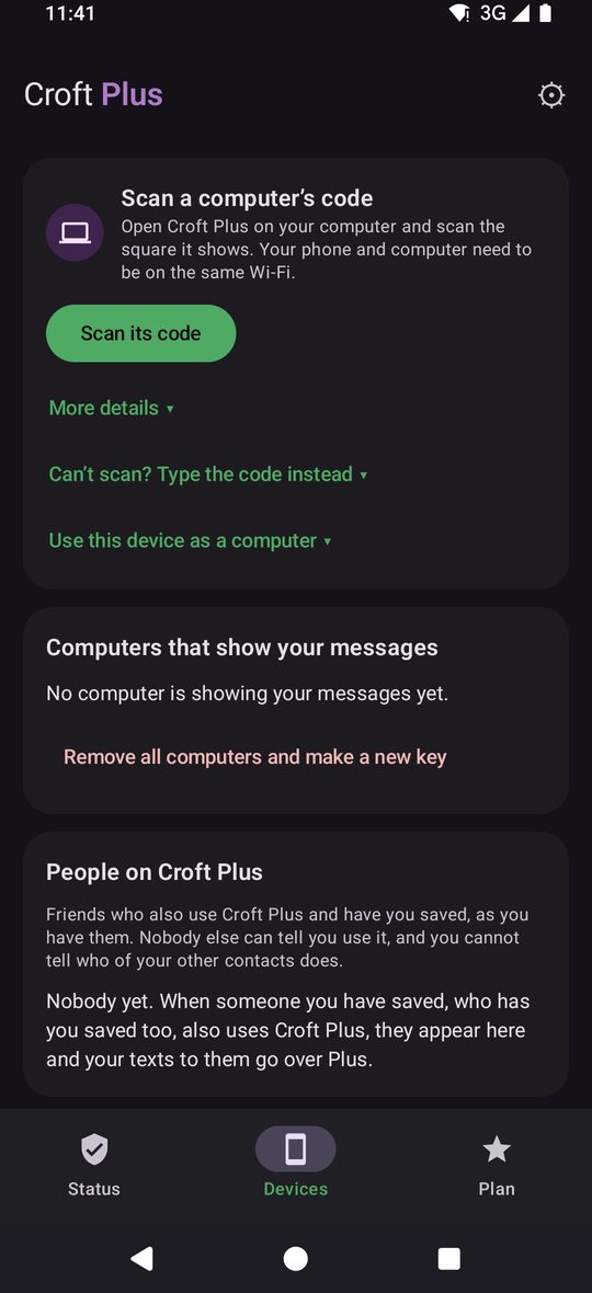Croft Plus devices screen in dark mode listing linked computers, codes and people on Plus