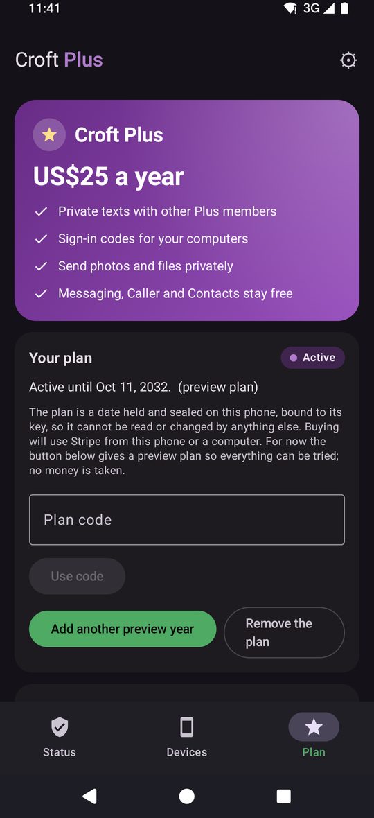 Croft Plus plan screen in dark mode showing the single yearly price