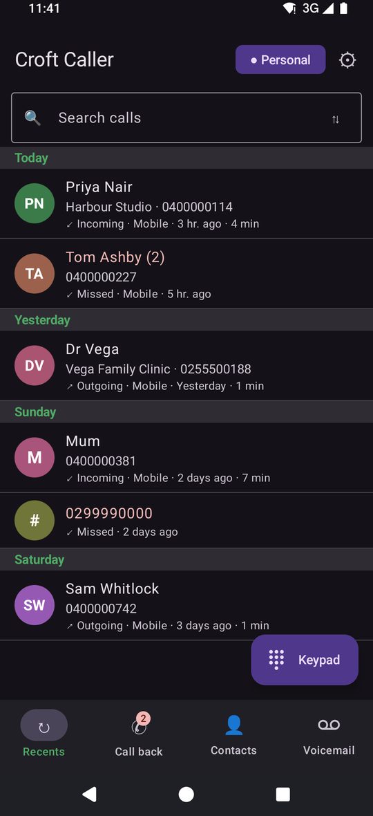 Croft Caller recent calls in dark mode, grouped by day with names and call lengths