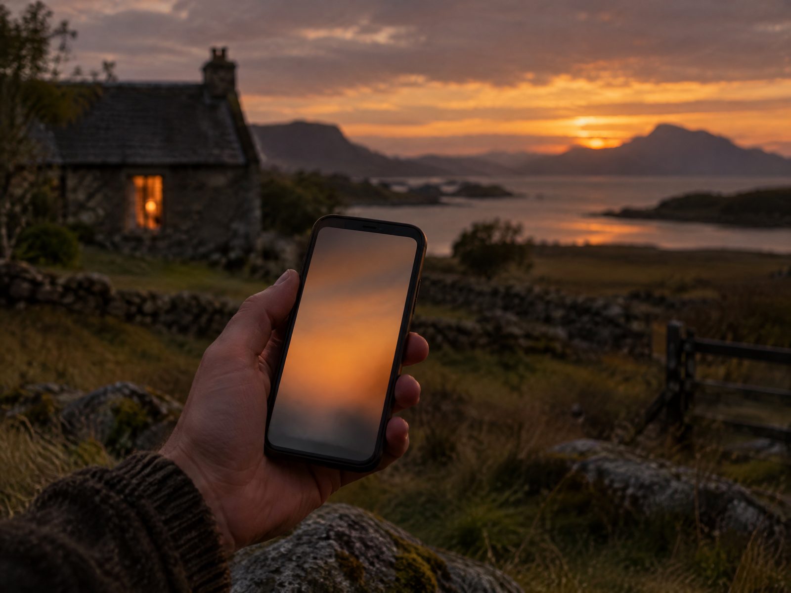 A hand holding a phone at dusk with a stone cottage behind