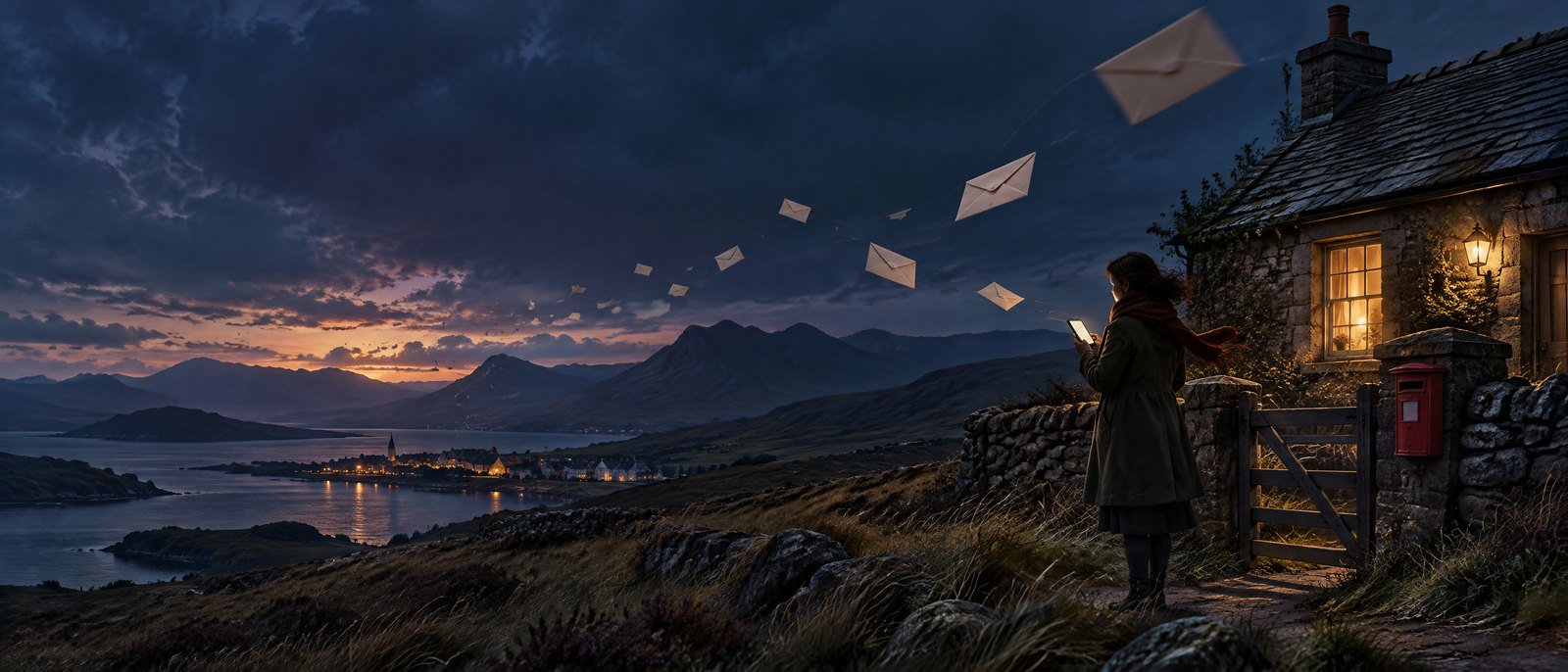 A stone croft cottage on a windswept hill at dusk, a person with a glowing phone and envelopes drifting towards a village