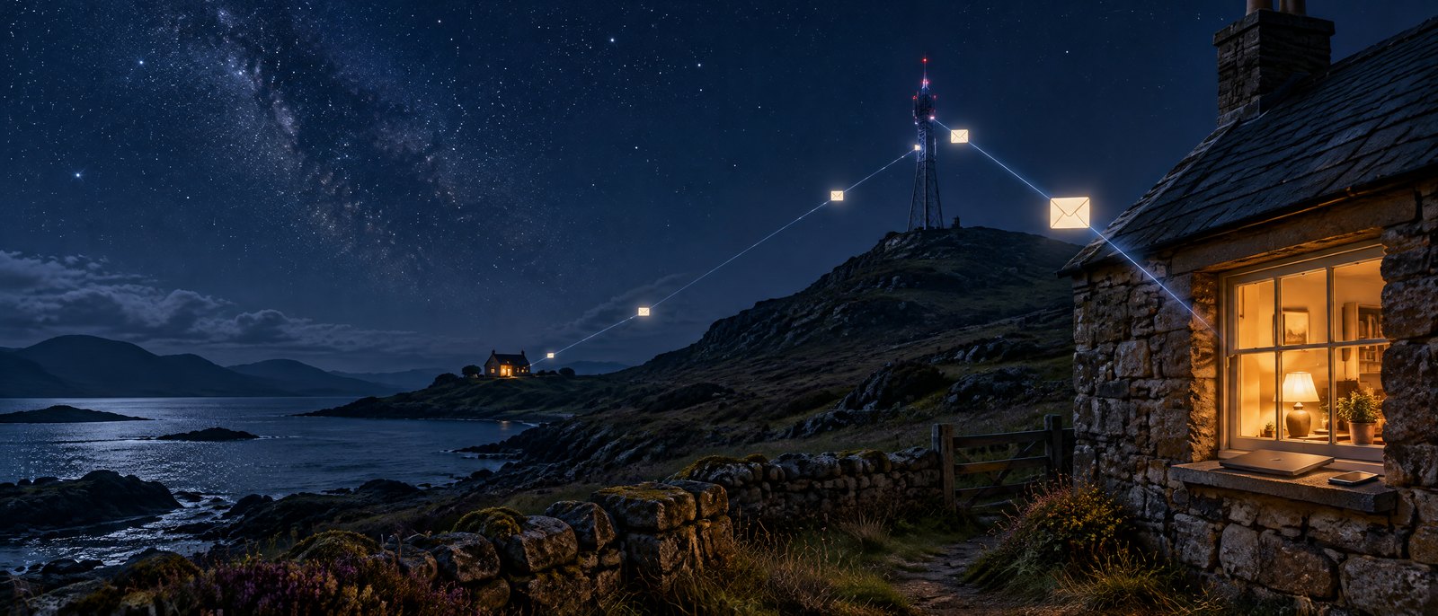 A croft cottage at night with a laptop and phone on the windowsill, envelopes travelling on a beam of light to a relay tower and a distant house